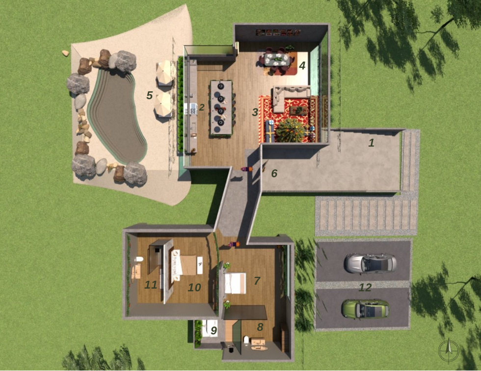 Planta arquitectónica de Casa Luke con simbología numerada