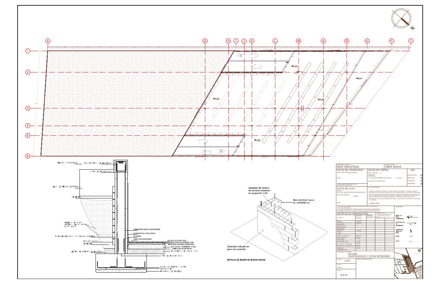 ALB-01: Plano de albañilería de sótano: planta, niveles y cotas interiores