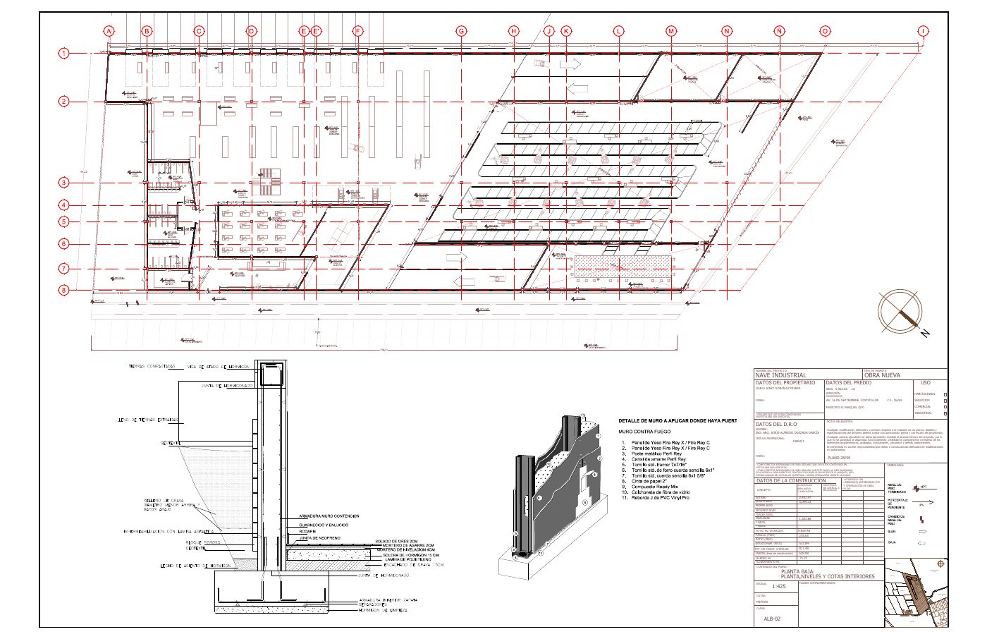 ALB-02: Plano de albañilería de planta baja: planta, niveles y cotas interiores
