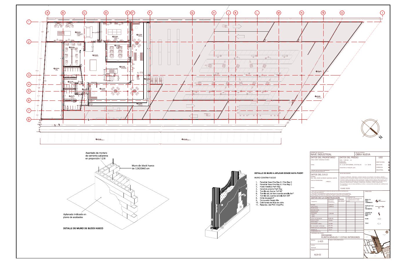 ALB-03: Plano de albañilería de mezanine: planta, niveles y cotas interiores