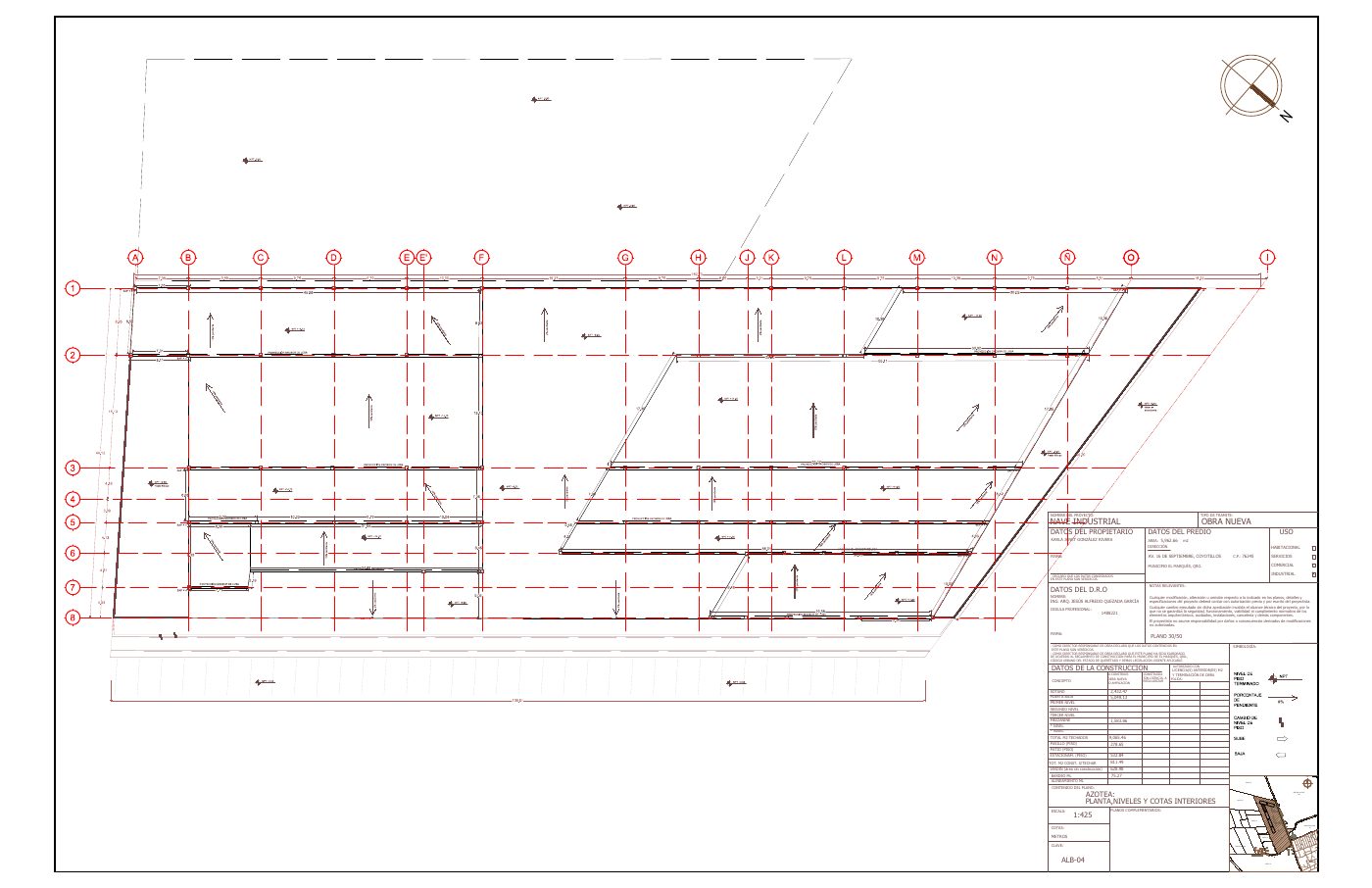 ALB-04: Plano de albañilería de azotea: planta, niveles y cotas interiores